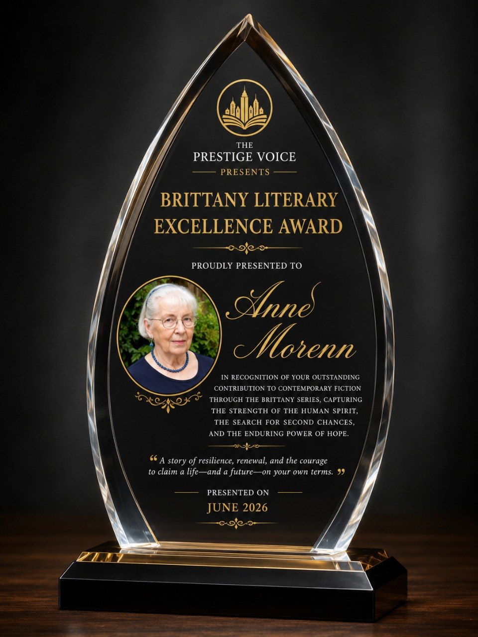 Literary Excellence award certificate for Anne Morenn