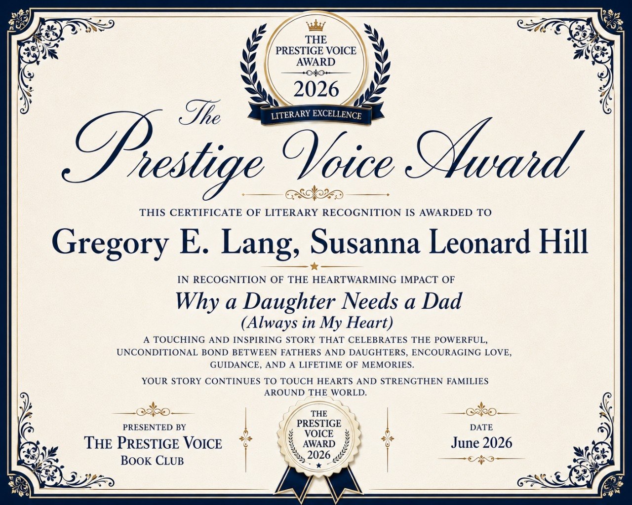 Award certificate for Gregory E. Lang & Susanna Leonard Hill